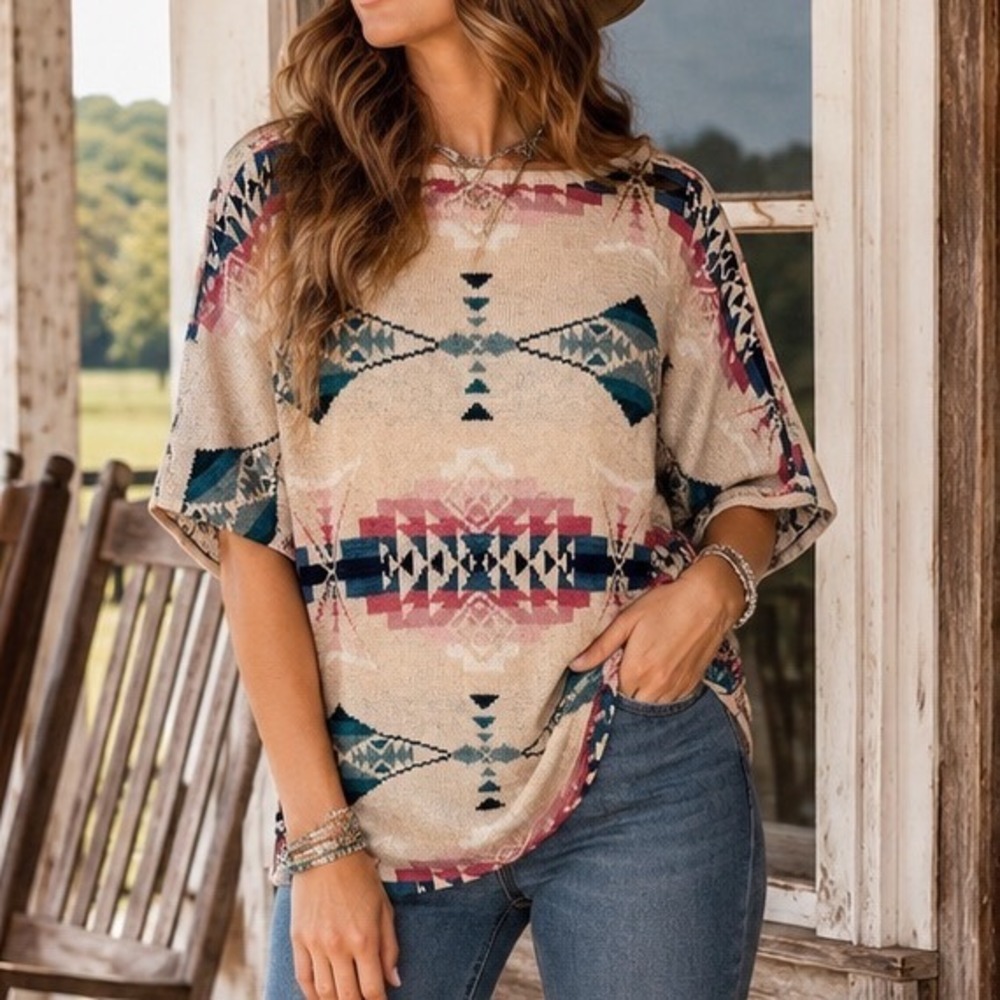 Chaps Womens Southwestern Geometric Knit Short Sleeve Sweater‎ Tan Pink 2X A2